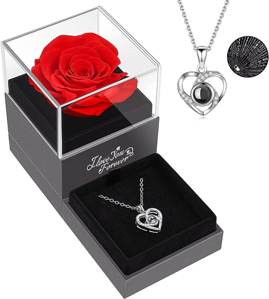 Preserved Red Rose & Silver Heart "I Love You" Necklace